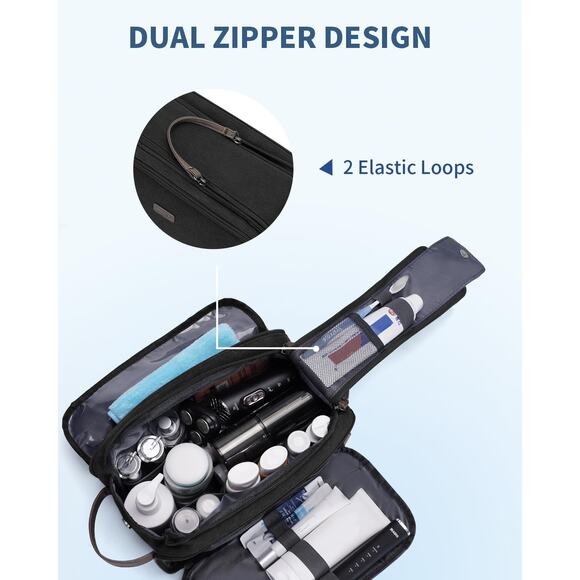 WANDF Toiletry Bag Men Large Travel Organizer Canvas Leather Dopp Kit Black - Picture 4 of 7